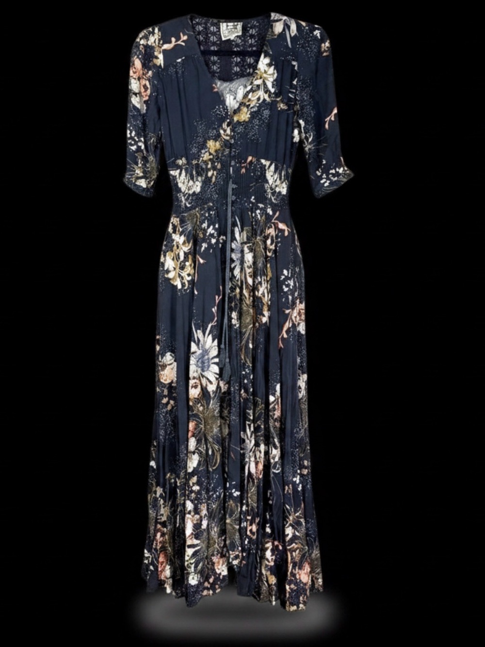 Jasee Womens XS Navy Floral Crochet Maxi Dress Romantic Boho Dark Cottagecore